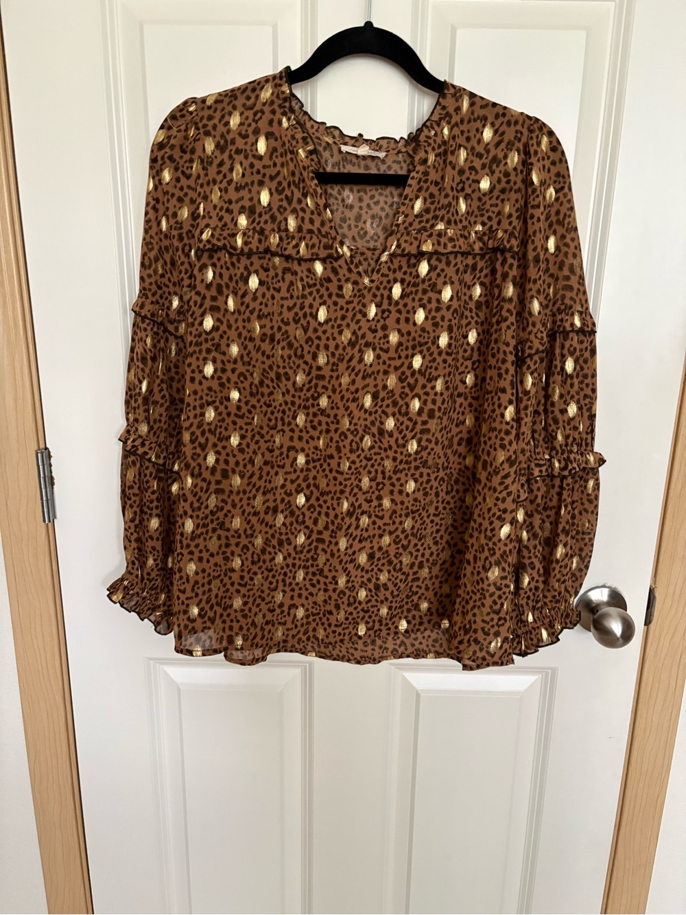 Mystree Brown Leopard Print Blouse with Gold Accents